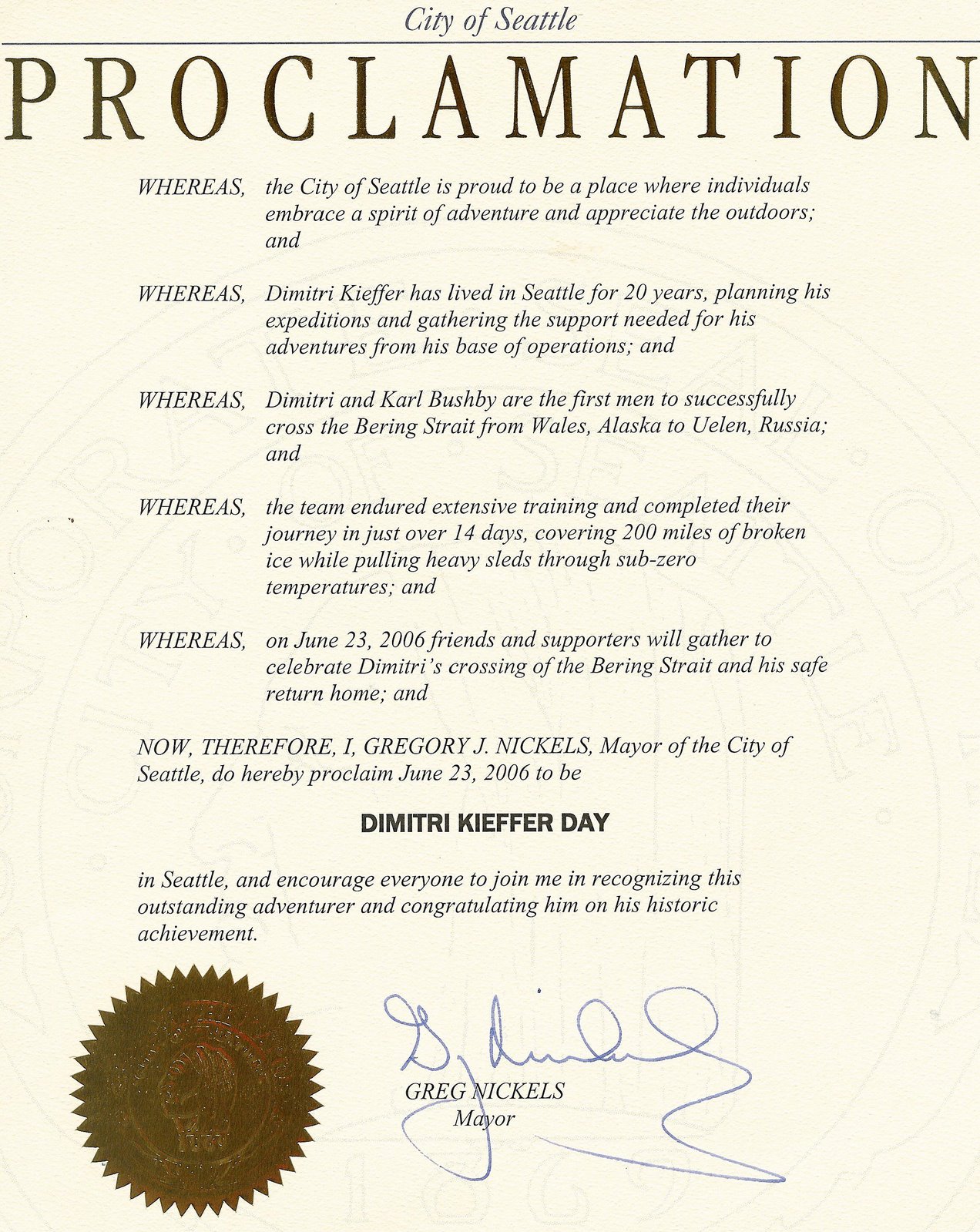 City of Seattle Proclamation “Dimitri Kieffer Day” June 23rd
